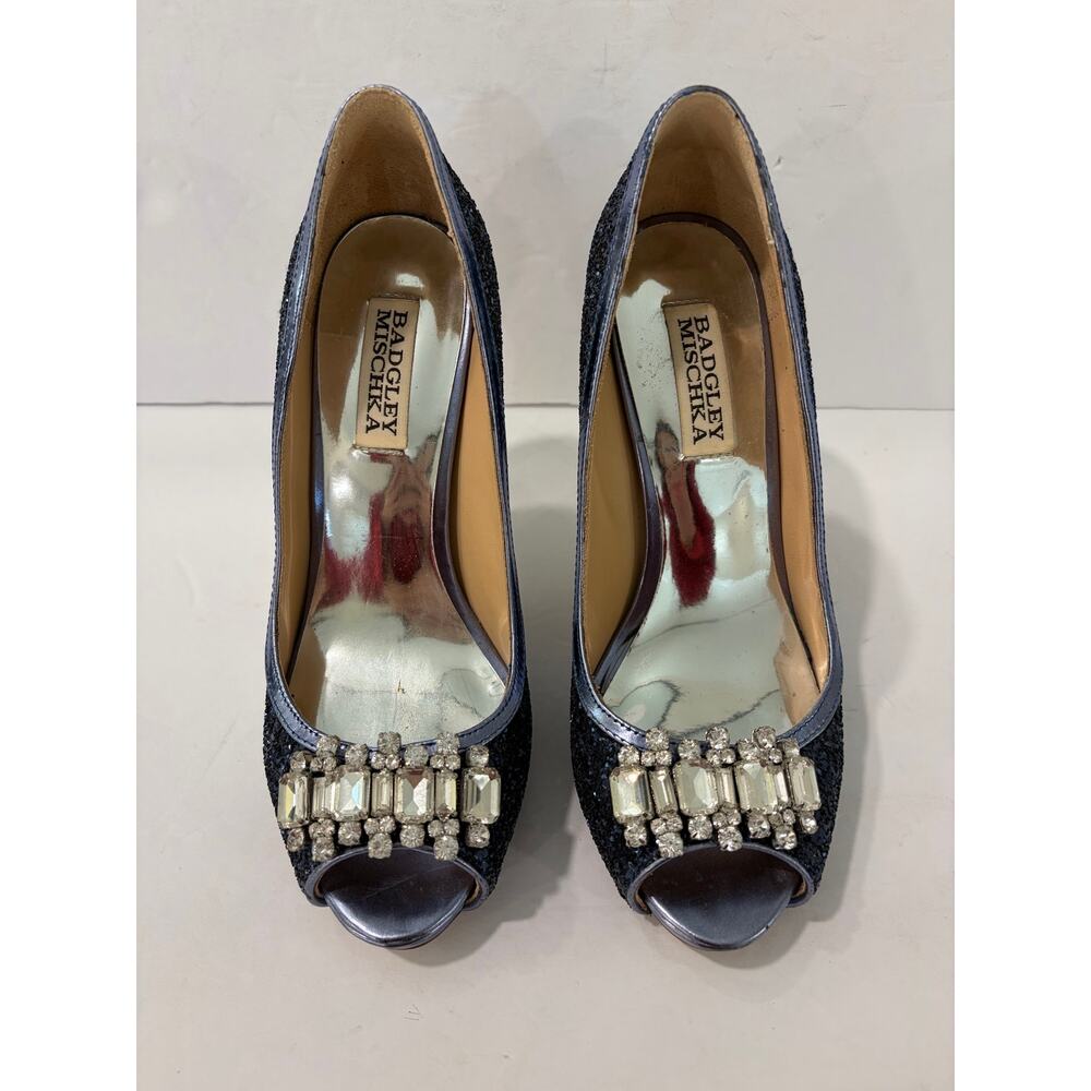 Badgley Mischka Alter II Blue Glitter Jewel Peep Toe Pumps - Picture 6 of 10
